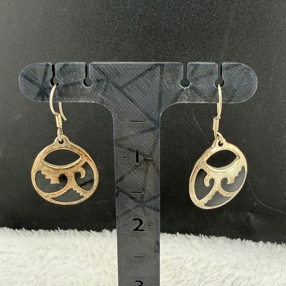 Vintage Taxco Drop Earrings Silver Black Onyx Inlay Southwestern 12.7g
